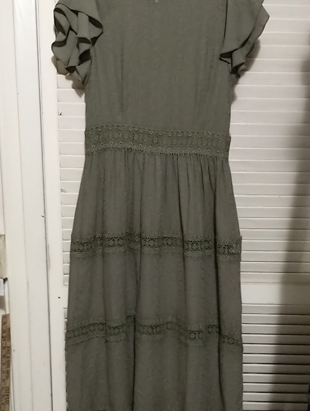 NWT Boheme Women's sage Lace-Trim long eyelet Dress ruffle sleeves sz SM